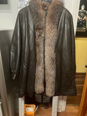 Fabulous Furs Dark Brown Leather Trench with Brown Fur Trim